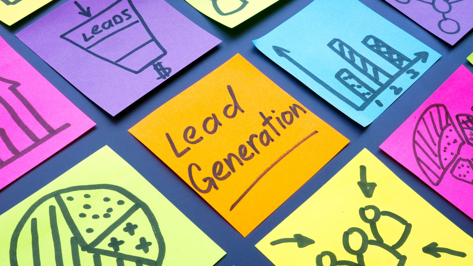 generate leads graphs and words written on brightly coloured post it notes