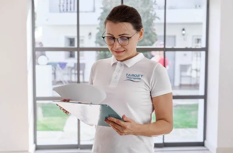 A woman providing services, holding a clipboard in front of a window.