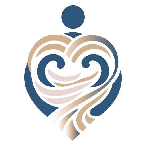 A blue and gold heart with a wave in the middle displayed on a website designed using WordPress.