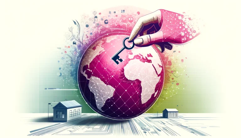 Illustration of a giant hand holding a key above a stylized globe with graphic elements and small houses, depicting global access or control.