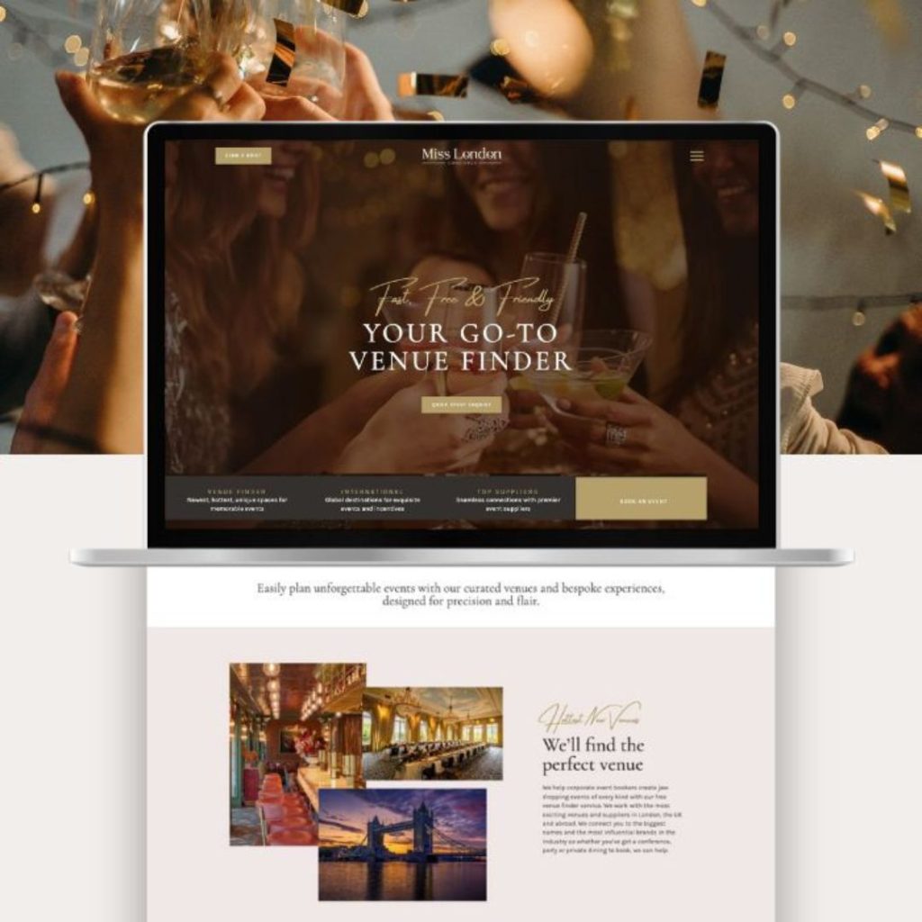 An open laptop displaying a venue-finding website, created by the best web design agency in Surrey, sits on a desk. In the background, people clink glasses in a celebratory atmosphere with golden streamers.