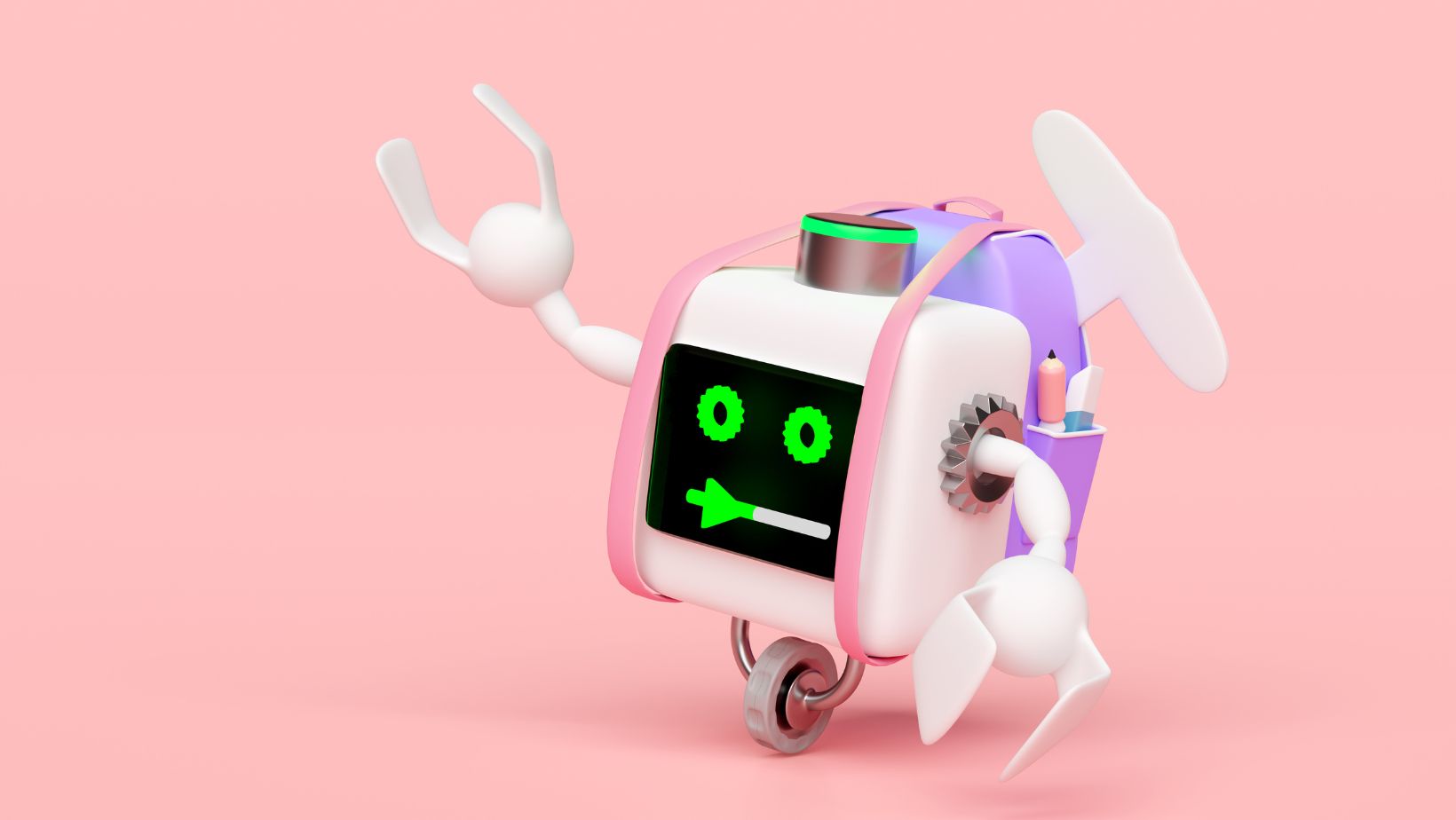 AI in your business a small white and purple robot with a digital face displaying green eyes and a straight-line mouth stands on one wheel against a pink background. With propeller-like wings and two arm-like appendages, it embodies the future of AI in your business.