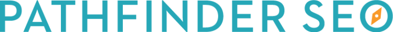 Logo of Pathfinder SEO in turquoise text with an orange compass design embedded in the letter "O".
