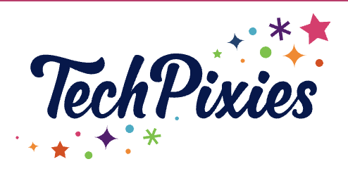 TechPixies logo with colourful stars and sparkles surrounding the text.