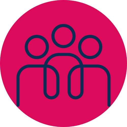 Icon of a confident brand featuring three abstract human figures in a circle on a pink background.