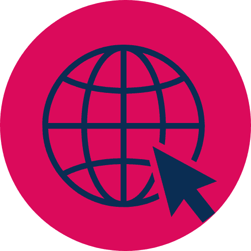 Icon of a globe with latitude and longitude lines, and a cursor arrow pointing to it, projecting the essence of a confident brand on a bold red circular background.