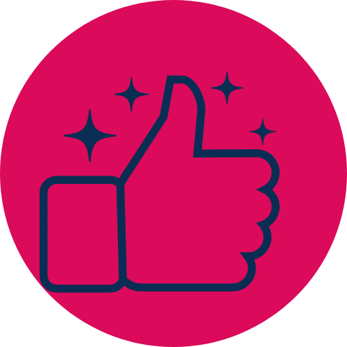 Icon of a thumbs-up in navy blue, radiating confident brand vibes, surrounded by stars on a pink circular background.