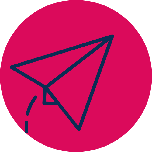 Icon of a paper airplane in a confident navy blue outline, set against a vibrant pink circular background, embodying a bold brand identity.