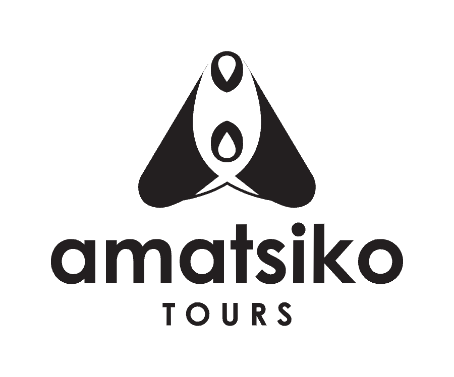 About: Black and white logo featuring a stylized triangular design above the words "amatsiko TOURS.